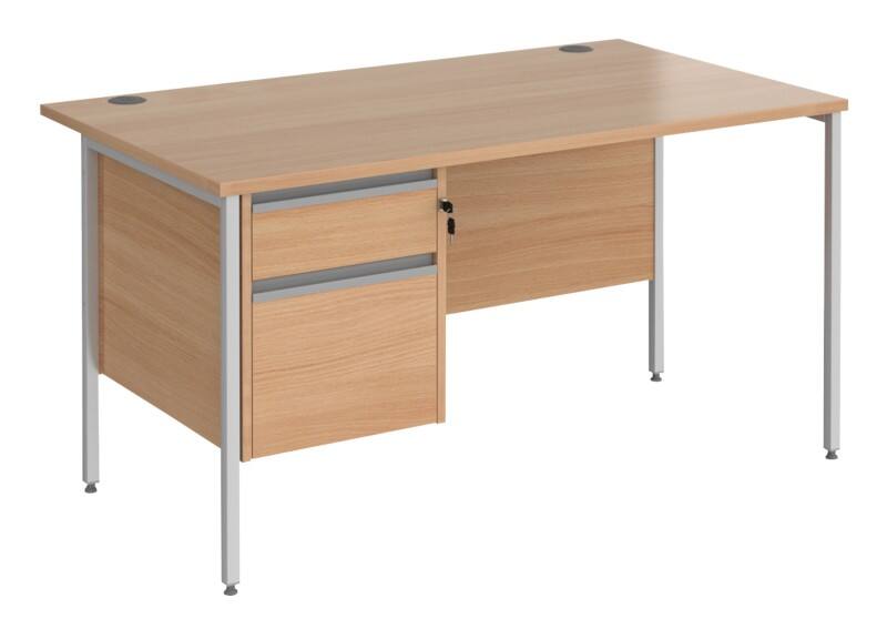 Dams International Contract 25 Straight Desk Rectangular with Beech Coloured MFC Top and Silver H-Frame Legs and 2 Lockable Drawer Pedestal 1,400  x 800 x 725 mm