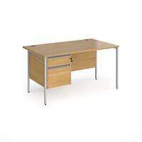 Dams International Straight Desk with Oak Coloured MFC Top and Silver H-Frame Legs and 2 Lockable Drawer Pedestal Contract 25 1400 x 800 x 725mm