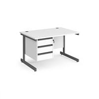 Dams International Straight Desk with White MFC Top and Graphite Frame Cantilever Legs and 3 Lockable Drawer Pedestal Contract 25 1200 x 800 x 725mm