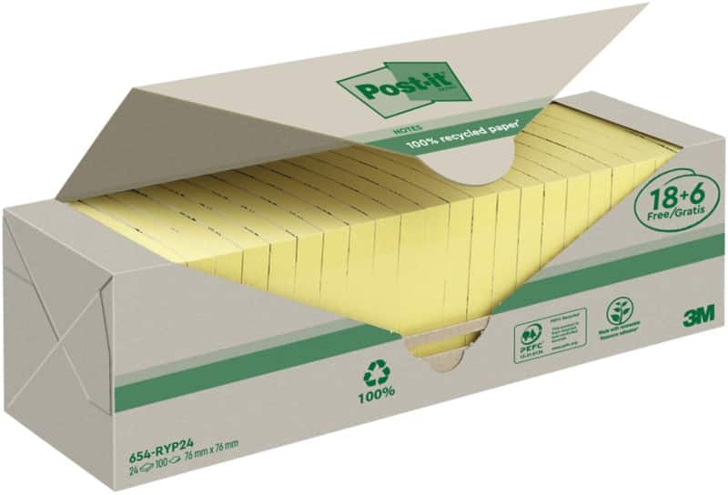 Post-it Recycled Notes 76 x 76 mm Canary Yellow 100 Sheets Value Pack 18 + 6 Free