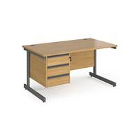 Dams International Straight Desk with Oak Coloured MFC Top and Graphite Frame Cantilever Legs and 3 Lockable Drawer Pedestal Contract 25 1400 x 800 x 725mm