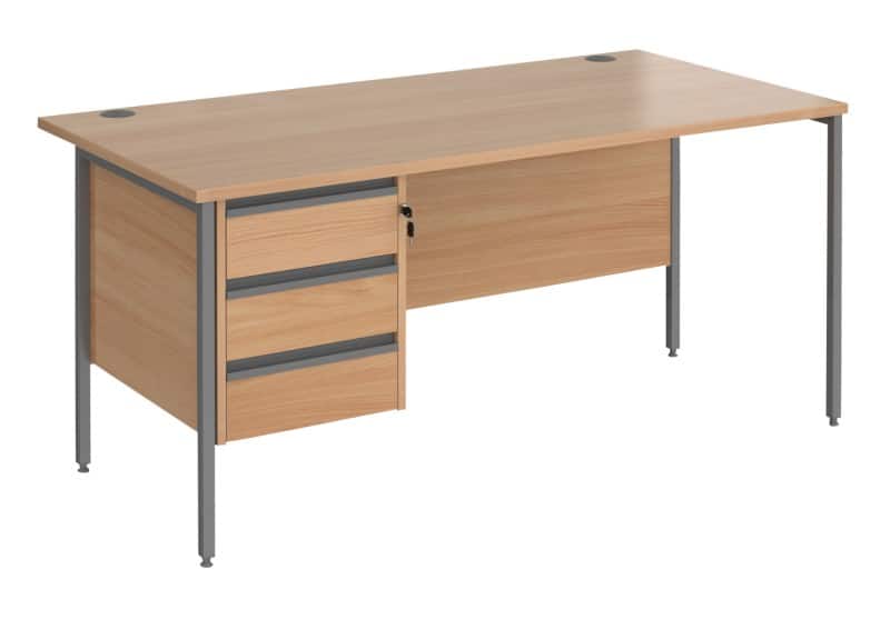 Dams international contract 25 straight desk rectangular with beech coloured mfc top and graphite h-frame legs and 3 lockable drawer pedestal 1,600 x 800 x 725 mm