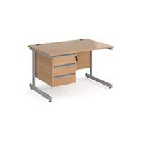 Dams International Straight Desk with Beech Coloured MFC Top and Silver Frame Cantilever Legs and 3 Lockable Drawer Pedestal Contract 25 1200 x 800 x 725mm