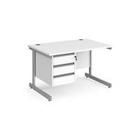 Dams International Straight Desk with White MFC Top and Silver Frame Cantilever Legs and 3 Lockable Drawer Pedestal Contract 25 1200 x 800 x 725mm