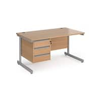 Dams International Straight Desk with Beech Coloured MFC Top and Silver Frame Cantilever Legs and 3 Lockable Drawer Pedestal Contract 25 1400 x 800 x 725mm