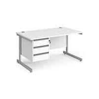 Dams International Straight Desk with White MFC Top and Silver Frame Cantilever Legs and 3 Lockable Drawer Pedestal Contract 25 1400 x 800 x 725mm