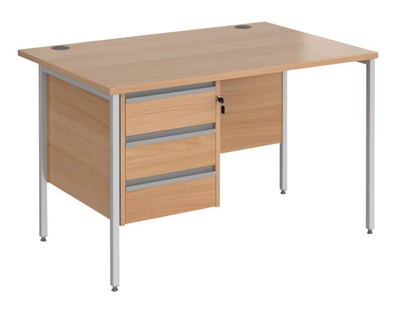 Dams International Straight Desk with Beech Coloured MFC Top and Silver H-Frame Legs and 3 Lockable Drawer Pedestal Contract 25 1200 x 800 x 725mm