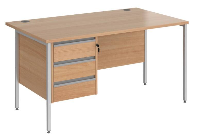 Dams International Contract 25 Straight Desk Rectangual with Beech Coloured MFC Top and Silver H-Frame Legs and 3 Lockable Drawer Pedestal 1,400 x 800 x 725 mm
