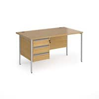 Dams International Straight Desk with Oak Coloured MFC Top and Silver H-Frame Legs and 3 Lockable Drawer Pedestal CH14S3-S-O 1400 x 800 x 725mm