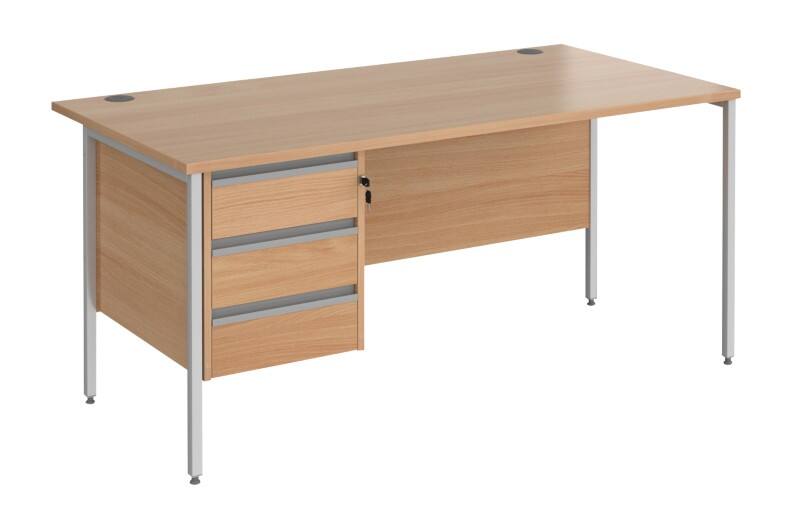 Dams International Contract 25 Straight Desk with Beech Coloured MFC Top and Silver H-Frame Legs and 3 Lockable Drawer Pedestal 1,600 x 800 x 725 mm