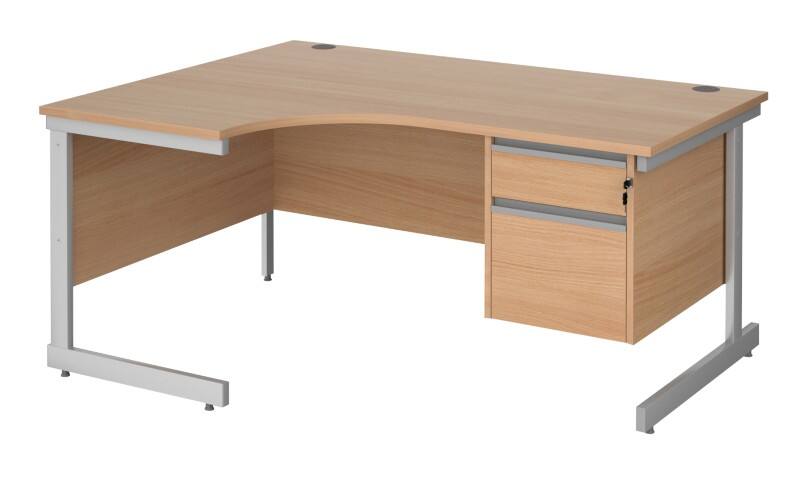 Dams International Contract 25 Left Hand Ergonomic Desk with 2 Lockable Drawers Pedestal and Beech Coloured MFC Top with Silver Frame Cantilever Legs 1,600 x 1,200 x 725 mm
