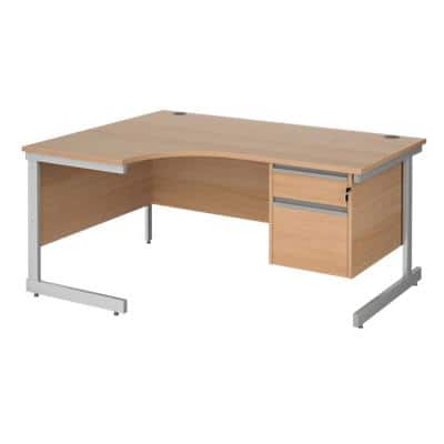 Dams International Contract 25 Left Hand Ergonomic Desk with 2 Lockable Drawers Pedestal and Beech Coloured MFC Top with Silver Frame Cantilever Legs 1,600 x 1,200 x 725 mm