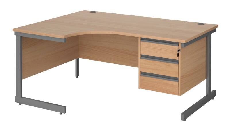 Dams International Contract 25 Left Hand Ergonomic Desk with 3 Lockable Drawers Pedestal and Beech Coloured MFC Top with Graphite Frame Cantilever Legs 1,600 x 1,200 x 725 mm