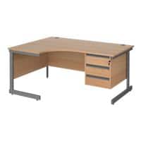 Dams International Contract 25 Left Hand Ergonomic Desk with 3 Lockable Drawers Pedestal and Beech Coloured MFC Top with Graphite Frame Cantilever Legs 1,600 x 1,200 x 725 mm