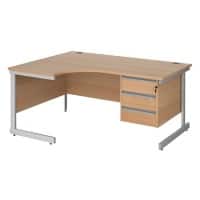 Dams International Contract 25 Left Hand Ergonomic Desk with 3 Lockable Drawers Pedestal and Beech Coloured MFC Top with Silver Frame Cantilever Legs 1,600 x 1,200 x 725 mm