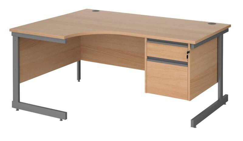 Dams International Contract 25 Left Hand Ergonomic Desk with 2 Lockable Drawers Pedestal and Beech Coloured MFC Top with Graphite Frame Cantilever Legs 1,600 x 1,200 x 725 mm