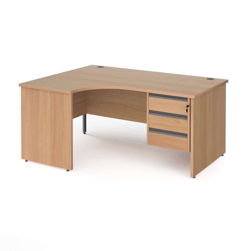 Dams International Left Hand Ergonomic Desk with 3 Lockable Drawers Pedestal and Beech Coloured MFC Top with Graphite Panel Ends and Silver Frame Corner Post Legs Contract 25 1600 x 1200 x 725 mm