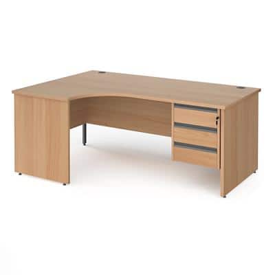 Dams International Left Hand Ergonomic Desk with 3 Lockable Drawers Pedestal and Beech Coloured MFC Top with Graphite Panel Ends and Silver Frame Corner Post Legs Contract 25 1800 x 1200 x 725 mm
