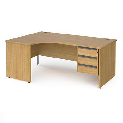 Dams International Left Hand Ergonomic Desk with 3 Lockable Drawers Pedestal and Oak Coloured MFC Top with Graphite Panel Ends and Silver Frame Corner Post Legs Contract 25 1800 x 1200 x 725 mm