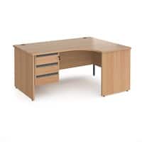 Dams International Right Hand Ergonomic Desk with 3 Lockable Drawers Pedestal and Beech Coloured MFC Top with Graphite Panel Ends and Silver Frame Corner Post Legs Contract 25 1600 x 1200 x 725 mm