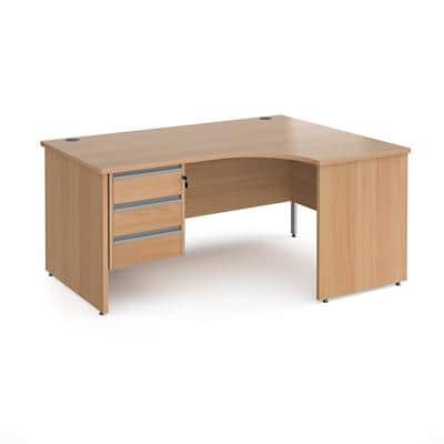 Dams International Right Hand Ergonomic Desk with 3 Lockable Drawers Pedestal and Beech Coloured MFC Top with Silver Panel Ends and Silver Frame Corner Post Legs Contract 25 1600 x 1200 x 725 mm