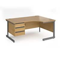 Dams International Right Hand Ergonomic Desk with 3 Lockable Drawers Pedestal and Oak Coloured MFC Top with Graphite Frame Cantilever Legs Contract 25 1600 x 1200 x 725 mm