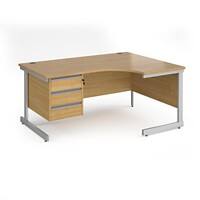Dams International Right Hand Ergonomic Desk with 3 Lockable Drawers Pedestal and Oak Coloured MFC Top with Silver Frame Cantilever Legs Contract 25 1600 x 1200 x 725 mm