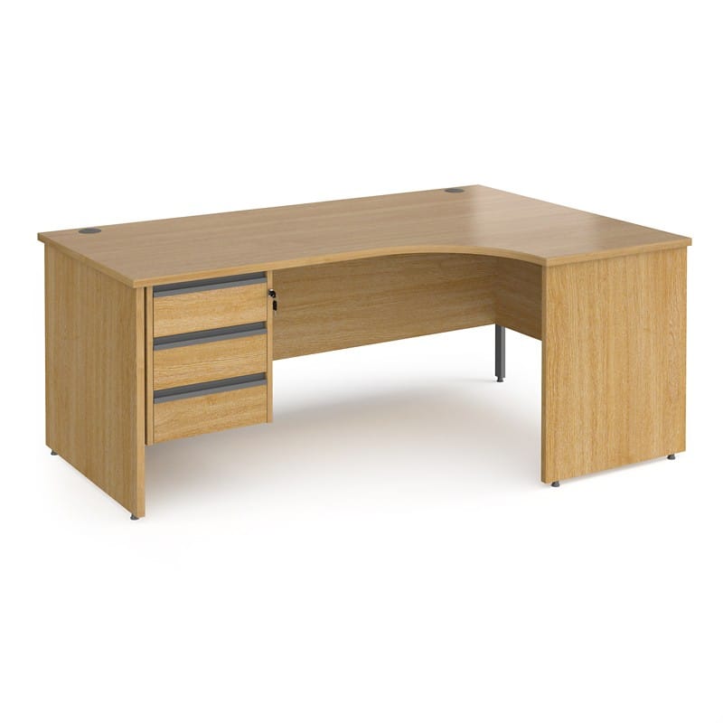 Dams International Right Hand Ergonomic Desk with 3 Lockable Drawers Pedestal and Oak Coloured MFC Top with Graphite Panel Ends and Silver Frame Corner Post Legs Contract 25 1800 x 1200 x 725 mm