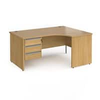 Dams International Right Hand Ergonomic Desk with 3 Lockable Drawers Pedestal and Oak Coloured MFC Top with Silver Panel Ends and Silver Frame Corner Post Legs Contract 25 1600 x 1200 x 725 mm