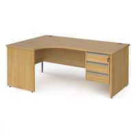 Dams International Left Hand Ergonomic Desk with 3 Lockable Drawers Pedestal and Oak Coloured MFC Top with Silver Panel Ends and Silver Frame Corner Post Legs Contract 25 1800 x 1200 x 725 mm