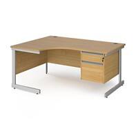 Dams International Left Hand Ergonomic Desk with 2 Lockable Drawers Pedestal and Oak Coloured MFC Top with Silver Frame Cantilever Legs Contract 25 1600 x 1200 x 725 mm