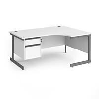 Dams International Right Hand Ergonomic Desk with 2 Lockable Drawers Pedestal and White MFC Top with Graphite Frame Cantilever Legs Contract 25 1600 x 1200 x 725 mm