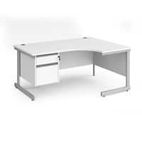Dams International Right Hand Ergonomic Desk with 2 Lockable Drawers Pedestal and White MFC Top with Silver Frame Cantilever Legs Contract 25 1600 x 1200 x 725 mm