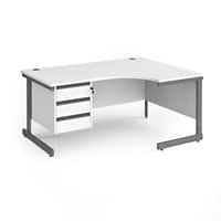 Dams International Right Hand Ergonomic Desk with 3 Lockable Drawers Pedestal and White MFC Top with Graphite Frame Cantilever Legs Contract 25 1600 x 1200 x 725 mm