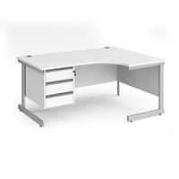Dams International Right Hand Ergonomic Desk with 3 Lockable Drawers Pedestal and White MFC Top with Silver Frame Cantilever Legs Contract 25 1600 x 1200 x 725 mm