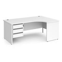 Dams International Right Hand Ergonomic Desk with 3 Lockable Drawers Pedestal and White MFC Top with Silver Panel Ends and Silver Frame Corner Post Legs Contract 25 1800 x 1200 x 725 mm