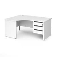 Dams International Left Hand Ergonomic Desk with 3 Lockable Drawers Pedestal and White MFC Top with Graphite Panel Ends and Silver Frame Corner Post Legs Contract 25 1600 x 1200 x 725 mm