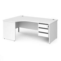 Dams International Left Hand Ergonomic Desk with 3 Lockable Drawers Pedestal and White MFC Top with Graphite Panel Ends and Silver Frame Corner Post Legs Contract 25 1800 x 1200 x 725 mm
