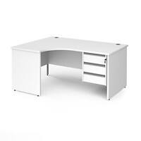 Dams International Left Hand Ergonomic Desk with 3 Lockable Drawers Pedestal and White MFC Top with Silver Panel Ends and Silver Frame Corner Post Legs Contract 25 1600 x 1200 x 725 mm