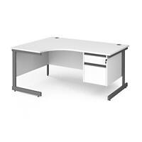 Dams International Left Hand Ergonomic Desk with 2 Lockable Drawers Pedestal and White MFC Top with Graphite Frame Cantilever Legs Contract 25 1600 x 1200 x 725 mm