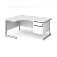 Dams International Left Hand Ergonomic Desk with 2 Lockable Drawers Pedestal and White MFC Top with Silver Frame Cantilever Legs Contract 25 1600 x 1200 x 725 mm