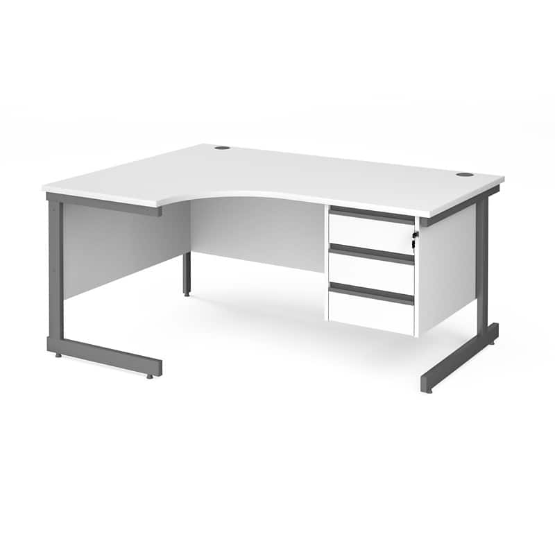 Dams International Left Hand Ergonomic Desk with 3 Lockable Drawers Pedestal and White MFC Top with Graphite Frame Cantilever Legs Contract 25 1600 x 1200 x 725 mm