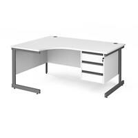 Dams International Left Hand Ergonomic Desk with 3 Lockable Drawers Pedestal and White MFC Top with Graphite Frame Cantilever Legs Contract 25 1600 x 1200 x 725 mm