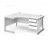 Dams International Left Hand Ergonomic Desk with 3 Lockable Drawers Pedestal and White MFC Top with Silver Frame Cantilever Legs Contract 25 1600 x 1200 x 725 mm