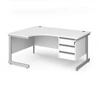 Dams International Left Hand Ergonomic Desk with 3 Lockable Drawers Pedestal and White MFC Top with Silver Frame Cantilever Legs Contract 25 1600 x 1200 x 725 mm
