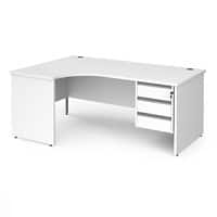 Dams International Left Hand Ergonomic Desk with 3 Lockable Drawers Pedestal and White MFC Top with Silver Panel Ends and Silver Frame Corner Post Legs Contract 25 1800 x 1200 x 725 mm