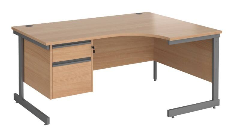 Dams International Contract 25 Right Hand Ergonomic Desk with 2 Lockable Drawers Pedestal and Beech Coloured MFC Top with Graphite Frame Cantilever Legs 1,600 x 1,200 x 725 mm