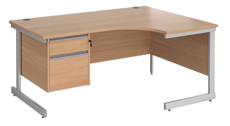 Dams International Contract 25 Right Hand Ergonomic Desk with 2 Lockable Drawers Pedestal and Beech Coloured MFC Top with Silver Frame Cantilever Legs 1,600 x 1,200 x 725 mm
