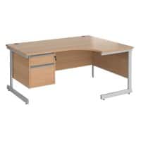 Dams International Contract 25 Right Hand Ergonomic Desk with 2 Lockable Drawers Pedestal and Beech Coloured MFC Top with Silver Frame Cantilever Legs 1,600 x 1,200 x 725 mm