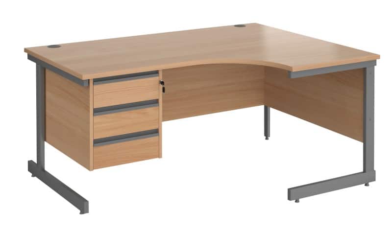 Dams International Contract 25 Right Hand Ergonomic Desk with 3 Lockable Drawers Pedestal and Beech Coloured MFC Top with Graphite Frame Cantilever Legs 1,600 x 1,200 x 725 mm